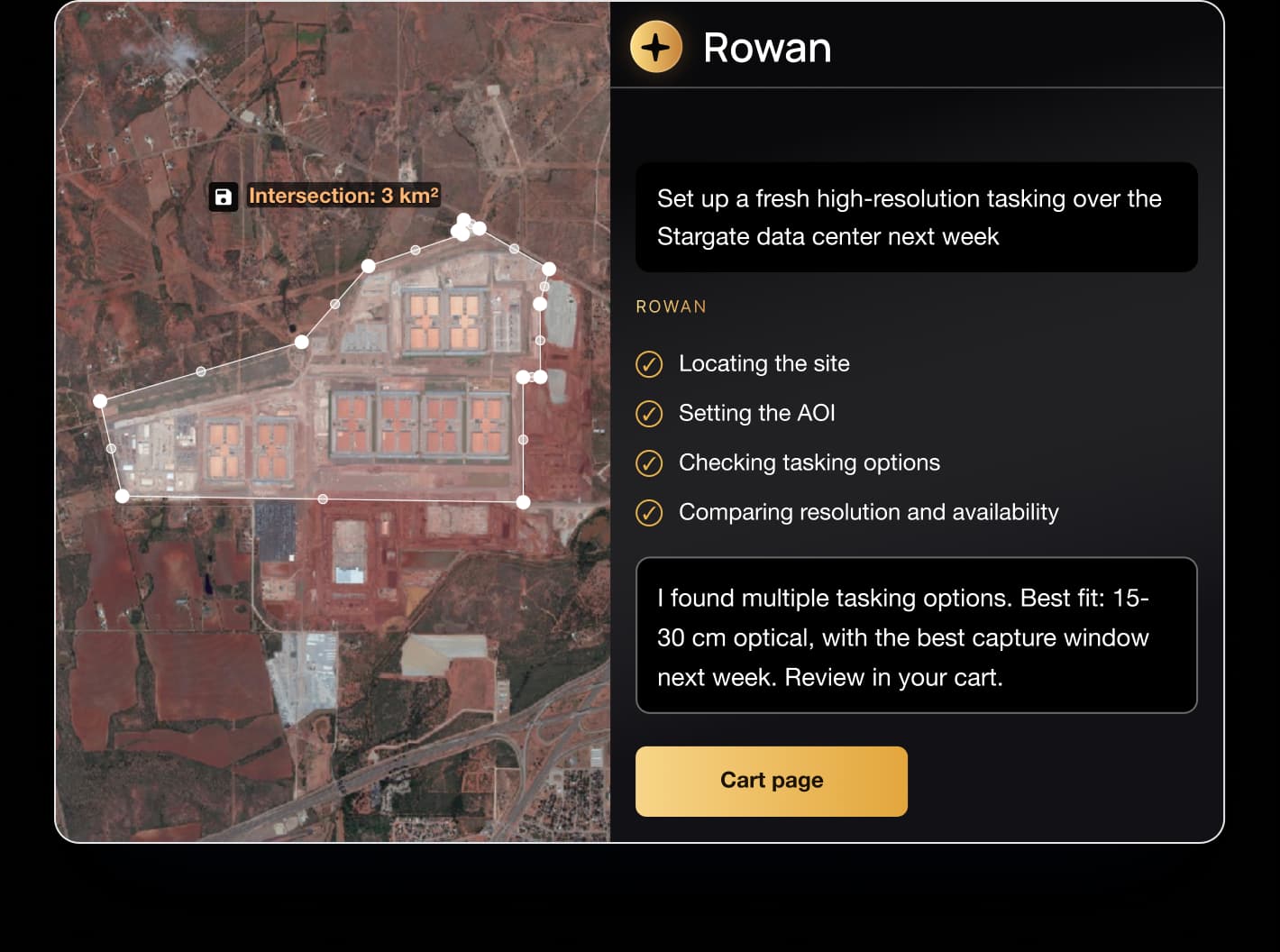 Rowan setting up a satellite tasking order over an area of interest