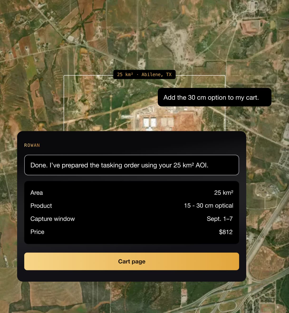 Rowan preparing a tasking order with area, product, and price details ready for the cart