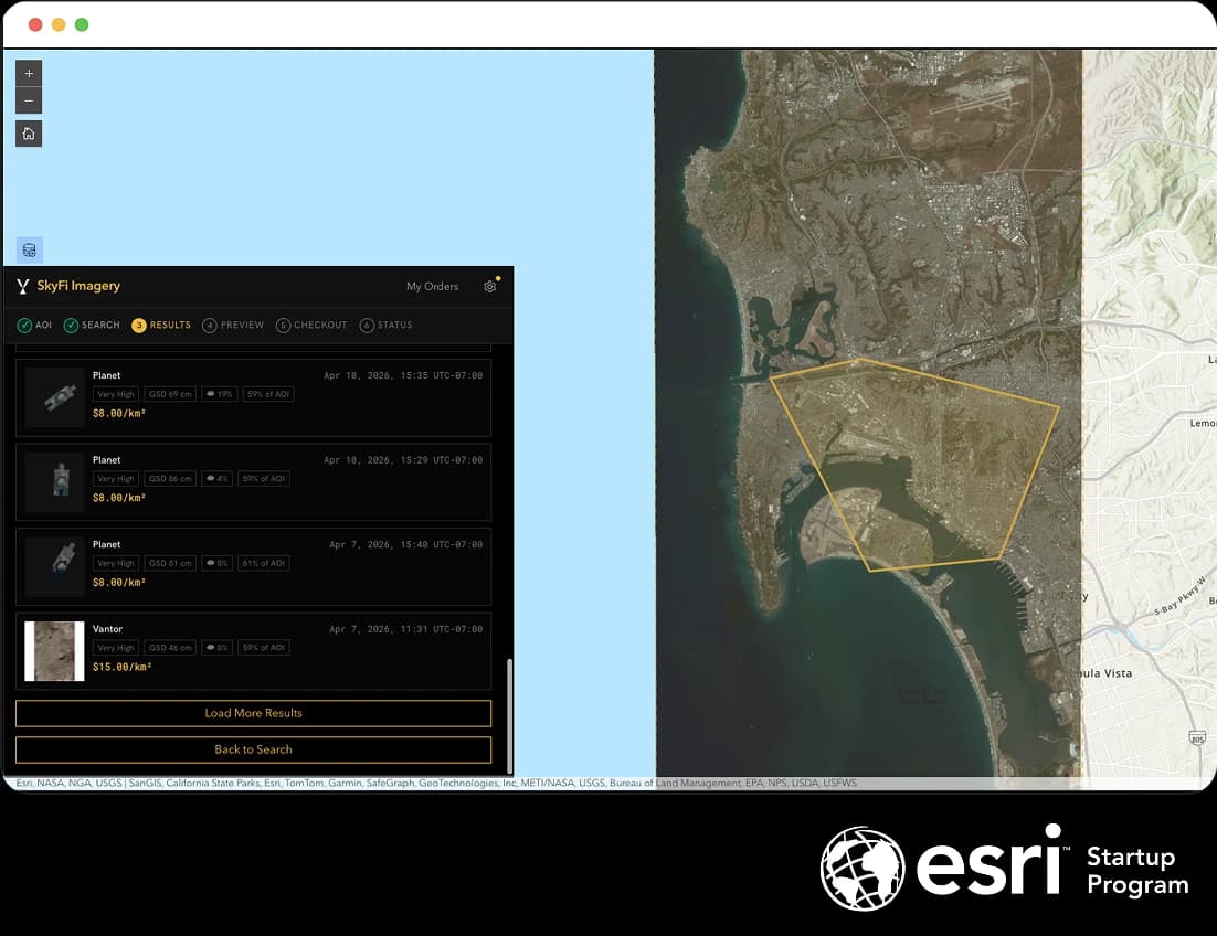 SkyFi imagery widget inside ArcGIS, powered by the Esri Startup Program