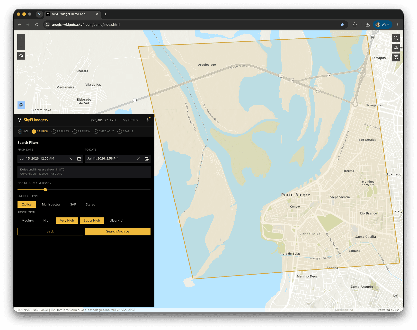 SkyFi widget search filters for date, cloud cover, product type, and resolution.