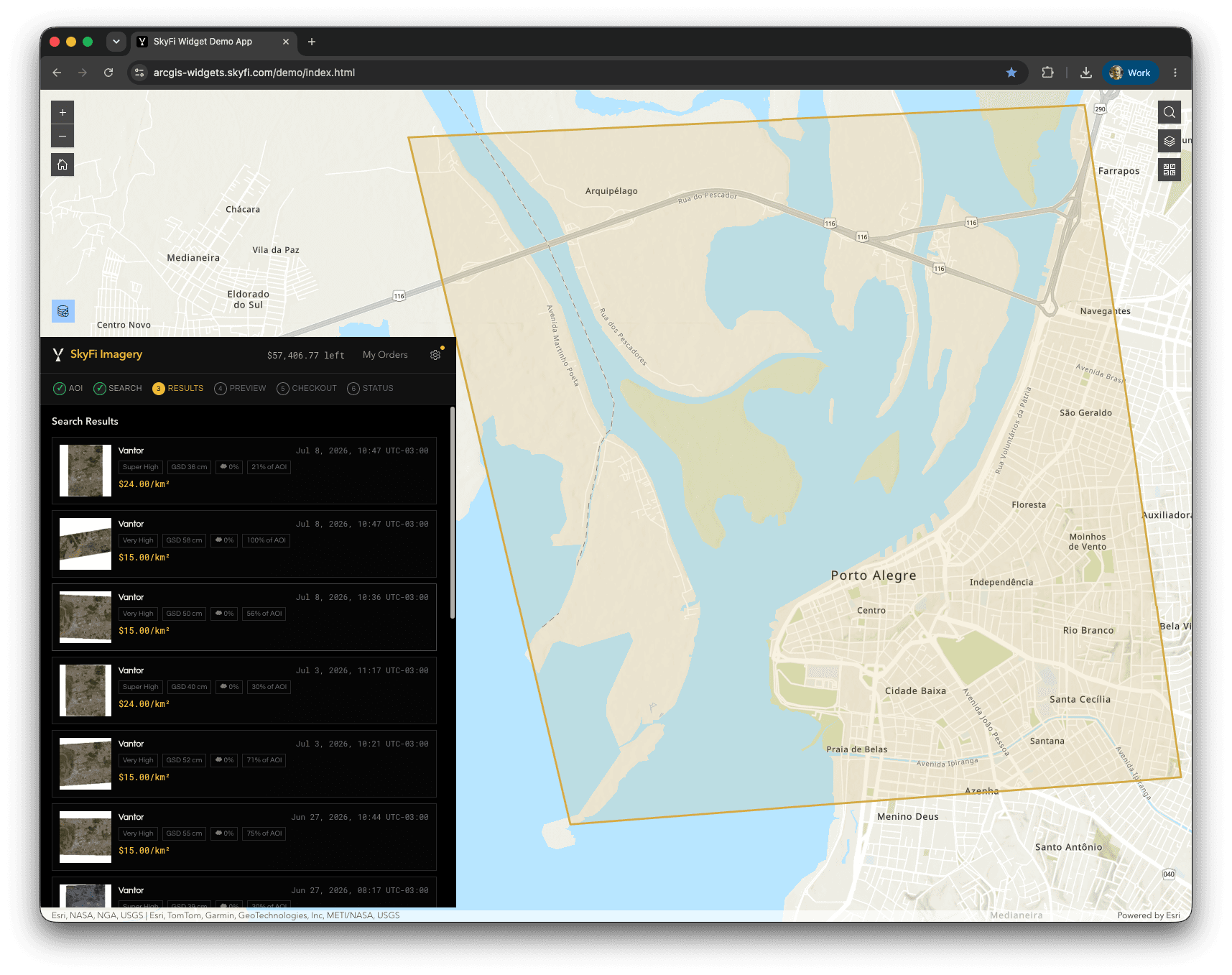 SkyFi widget results list showing provider, resolution, cloud cover, and price per square kilometer.