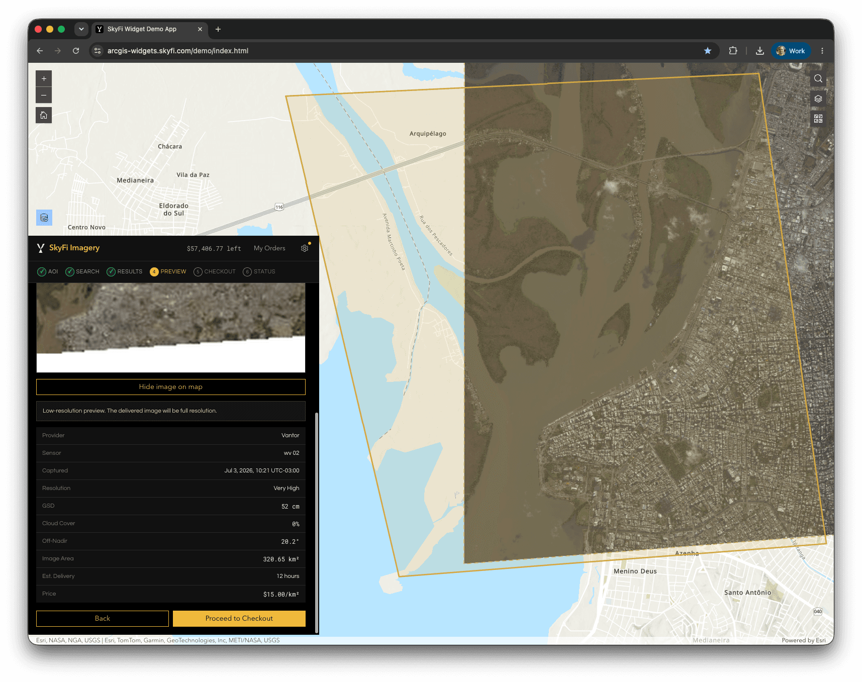 SkyFi widget image preview overlaid on the map with provider and sensor details.