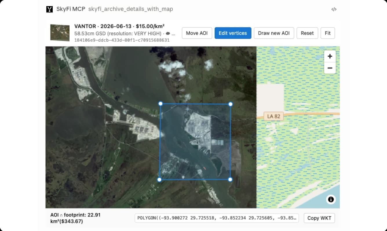 SkyFi MCP tool previewing a satellite scene on an interactive map with an editable area of interest