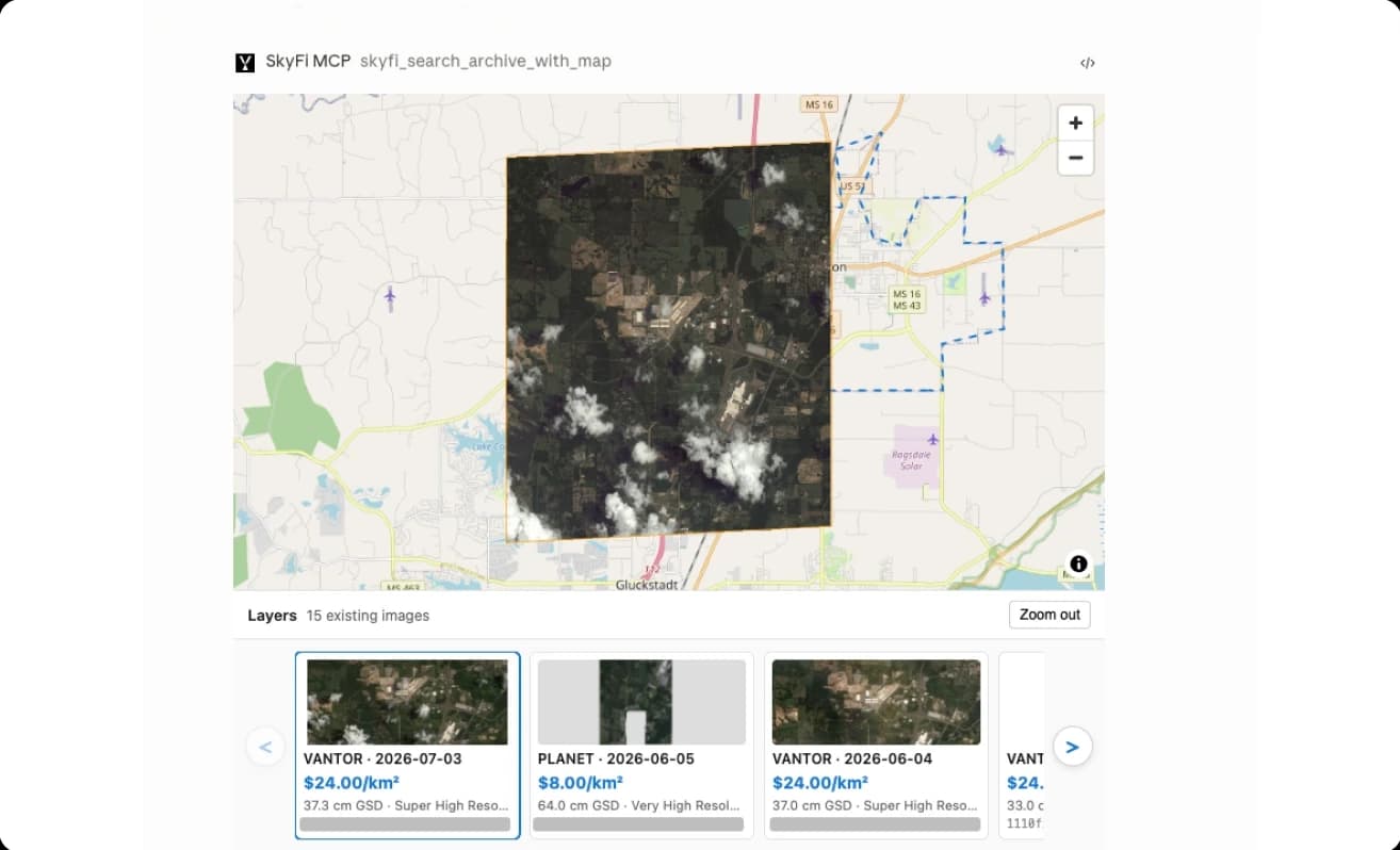SkyFi MCP tool searching the satellite imagery archive with a map and result thumbnails