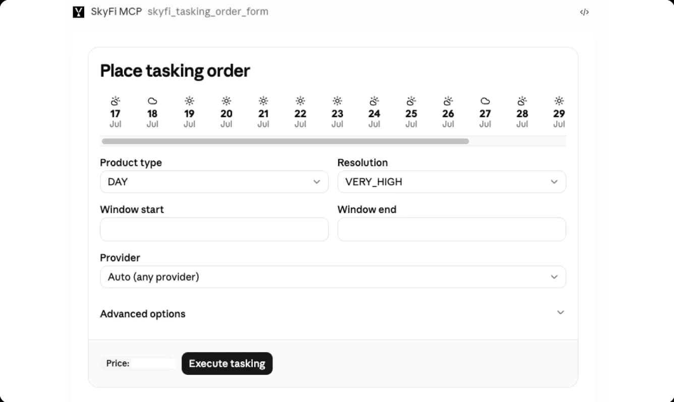 SkyFi MCP tool placing a tasking order with resolution, window, and provider options