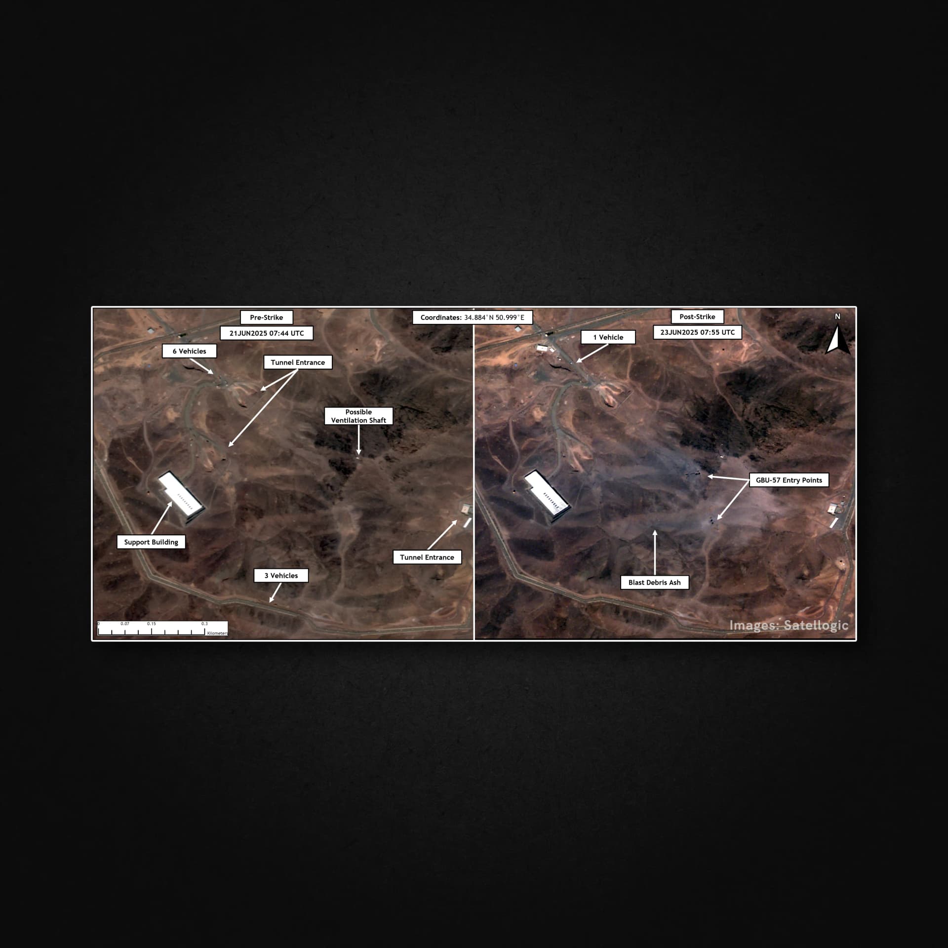 Images: Satellogic – Fordow Nuclear Facility, before and after. Object Identification