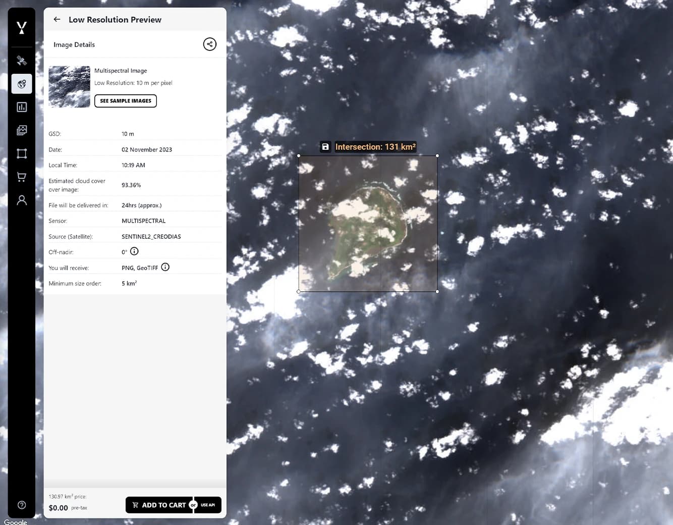 SkyFi's web app – cropping a Sentinel 2 image