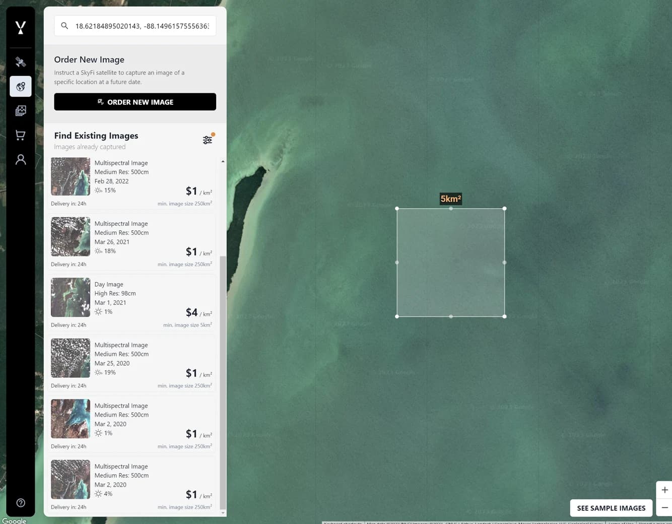SkyFi's web app with Existing Images of the area of interest