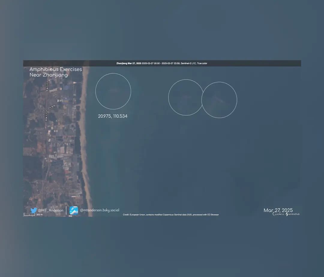 Sentinel 2 image, captured on March 27, 2025, shows what looks like the end of amphibious exercises.