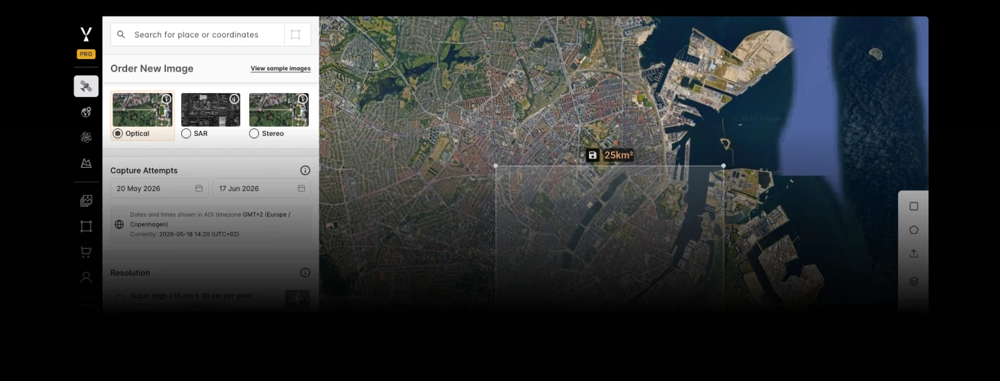 SkyFi tasking interface over urban satellite imagery