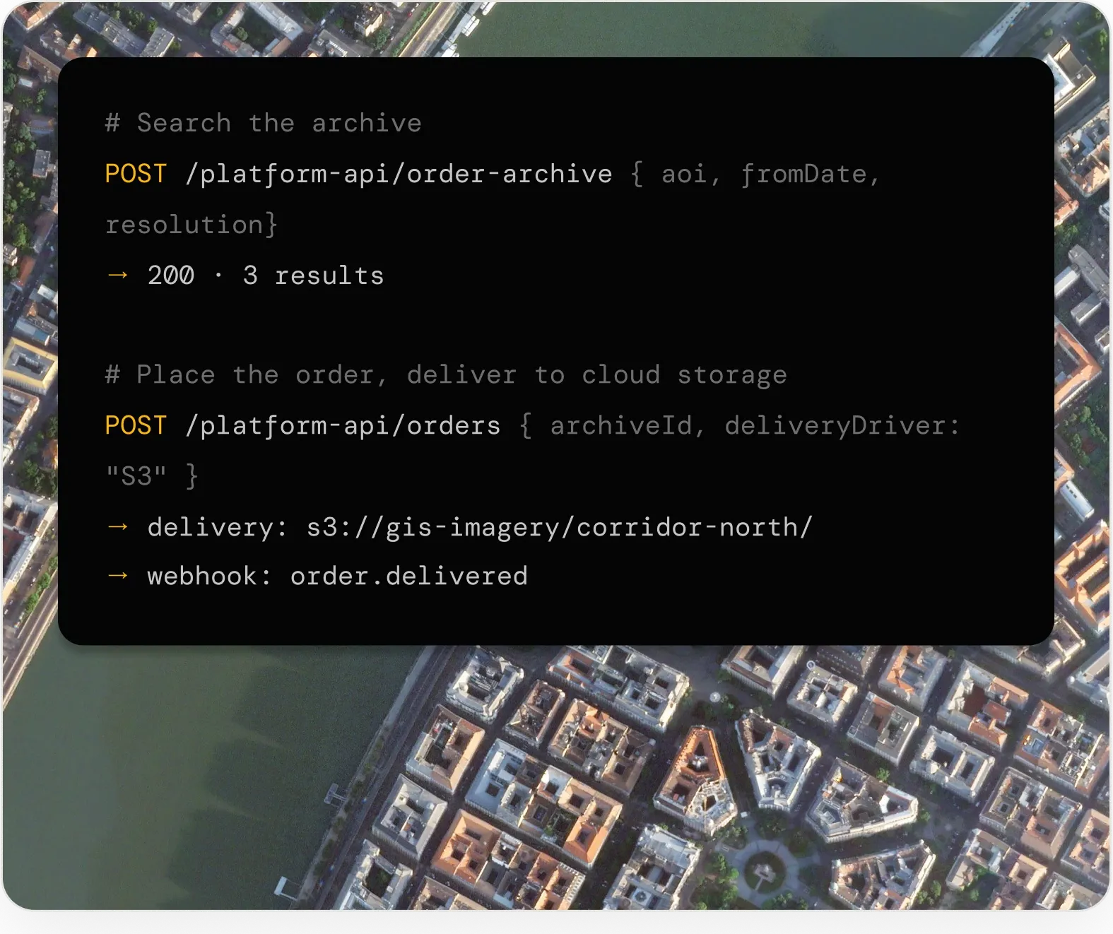 SkyFi API request examples over a satellite city image
