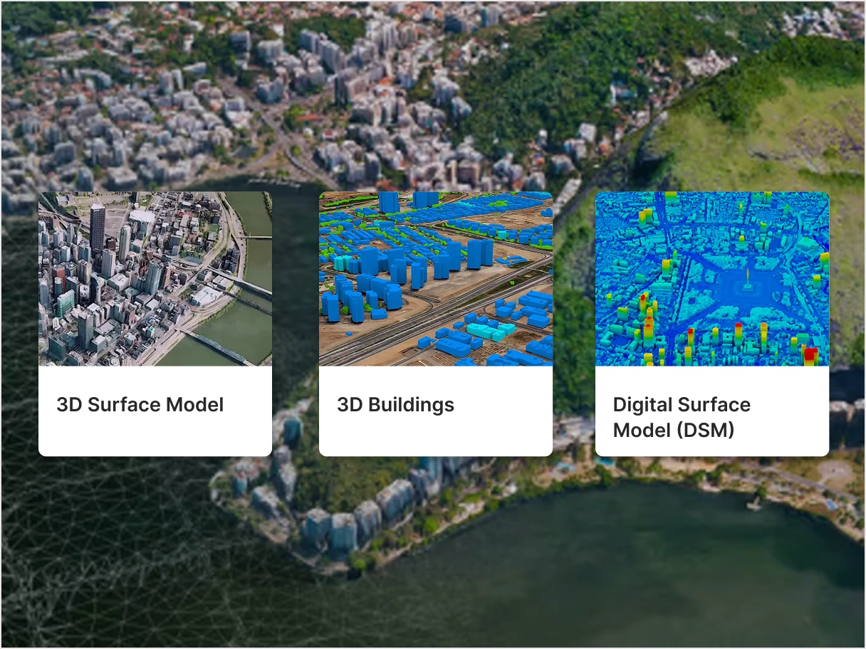 3D terrain product cards over satellite imagery